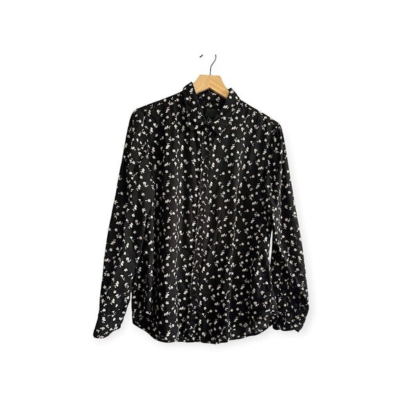 Nili Lotan Libby Floral-print Button-down Shirt In Ivory/black Floral, Size L - Picture 2 of 14